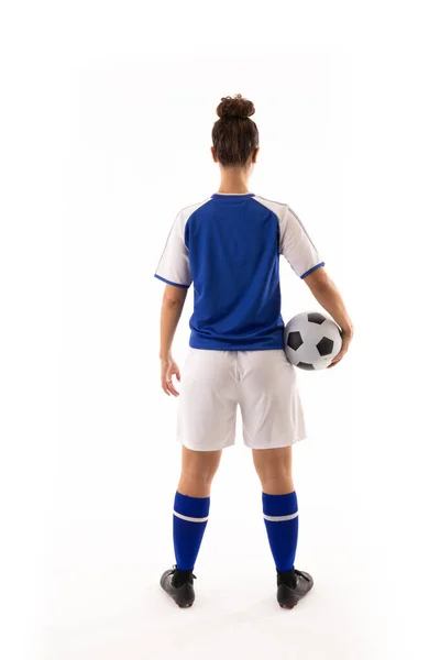 Visão Traseira Comprimento Total Biracial Jovem Jogador Futebol Feminino Segurando — Fotografia de Stock