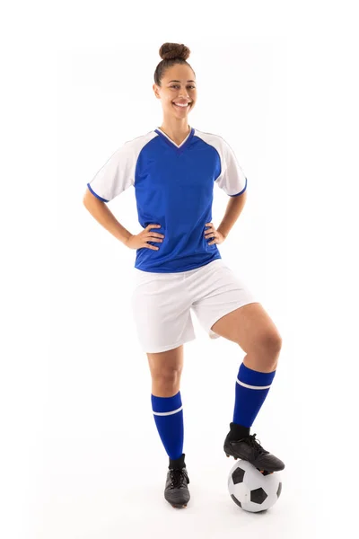 Portrait Smiling Biracial Young Female Player Hand Hip Foot Soccer — Stock Photo, Image