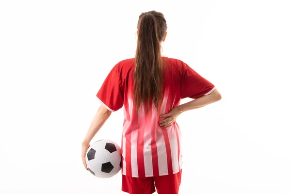 Vista Trasera Joven Futbolista Caucásica Con Pelota Mano Cadera Sobre — Foto de Stock