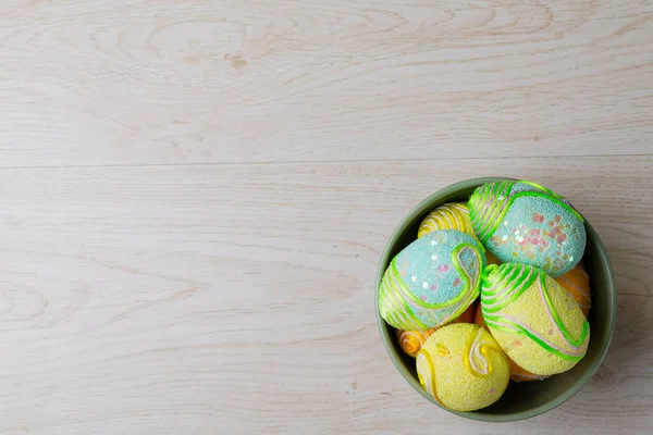 Overhead View Decorated Easter Eggs Bowl Table Empty Space Unaltered — Stock Photo, Image