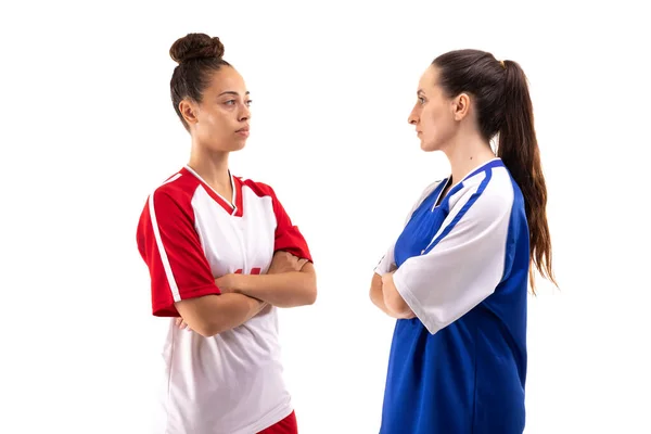 Caucasian Biracial Young Female Soccer Players Arms Crossed Standing Face — Stock Photo, Image