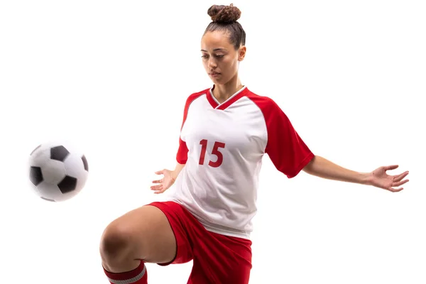 Biracial Young Female Soccer Player Kicking Soccer Ball Knee While — Stock Photo, Image