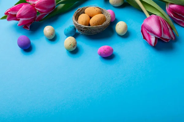 Vysoký Úhel Pohledu Velikonoční Bonbóny Malém Hnízdě Růžovými Tulipány Modrém — Stock fotografie