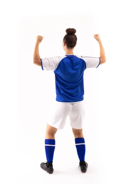 Biracial Young Female Player Arms Raised Clenched Fist Standing White — Stock Photo, Image