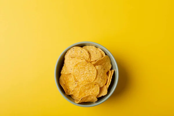 Directly Shot Chips Bowl Yellow Background Copy Space Unaltered Unhealthy — Stock Photo, Image