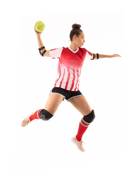 Full Length Biracial Young Female Handball Player Mid Air Playing — Stock Photo, Image