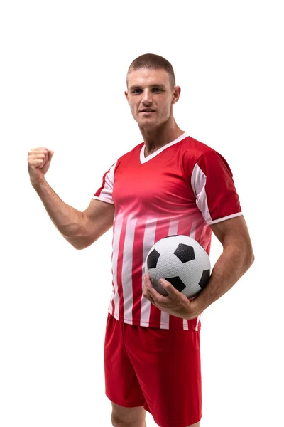 Retrato Joven Confiado Futbolista Caucásico Mostrando Puño Sobre Fondo Blanco — Foto de Stock