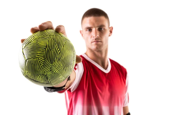Självsäker Ung Manlig Kaukasisk Handbollsspelare Som Håller Grön Boll Över — Stockfoto