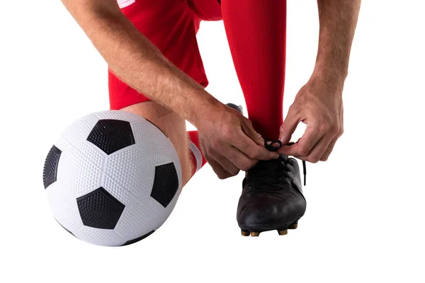 Low Section Young Male Caucasian Athlete Tying Shoelace Soccer Ball — Stock Photo, Image