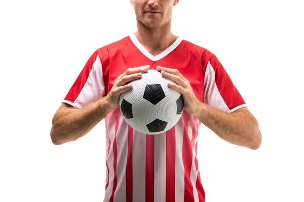 Middel Van Jonge Mannelijke Kaukasische Voetbal Atleet Houden Bal Staande — Stockfoto