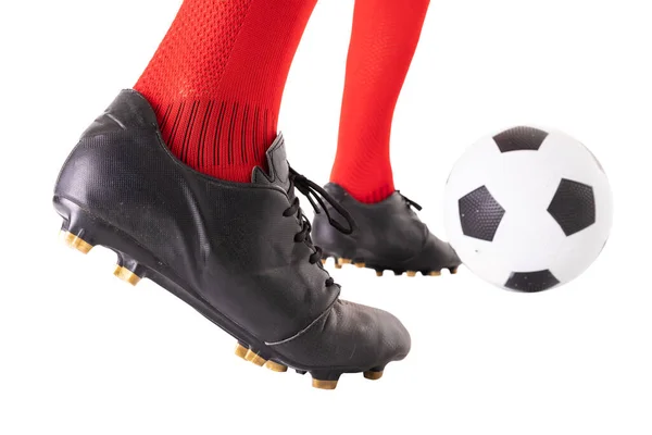 Low Section Male Caucasian Athlete Kicking Soccer Ball White Background — Stock Photo, Image