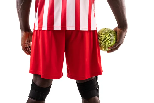Midsection Afro Americano Jogador Handebol Masculino Segurando Bola Verde Fundo — Fotografia de Stock