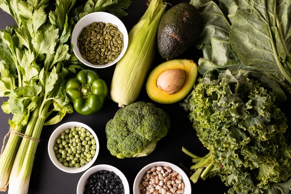 Overhead View Various Green Vegetables Fruit Herb Seeds Legumes Table — Stock Photo, Image