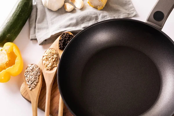 Directly Shot Various Ingredients Cooking Pan Table Copy Space Unaltered — Stock Photo, Image