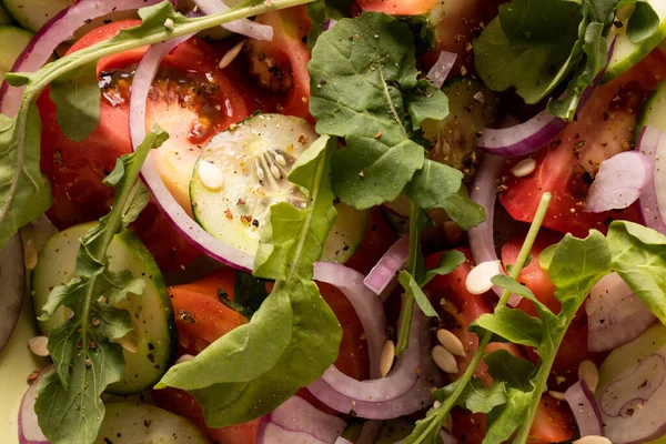 新鮮な健康的な野菜サラダ コピースペースのフルフレームショット 変化のない食べ物背景健康的な食事有機物 — ストック写真