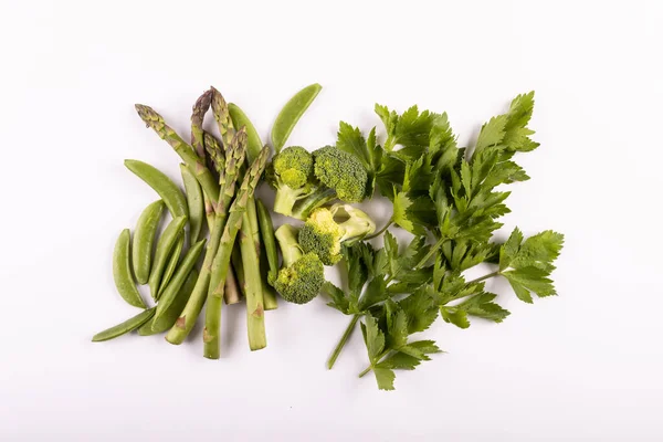 Vista Aérea Varias Verduras Orgánicas Frescas Sobre Fondo Blanco Espacio —  Fotos de Stock