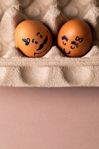 Close Creative Female Male Drawing Brown Eggs Carton Unaltered Food — Stock Photo, Image