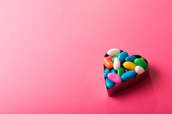 High Angle View Multi Colored Candies Heart Shape Container Copy — Stock Photo, Image