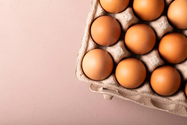 Directly View Fresh Brown Eggs Carton Copy Space Colored Background — Stock Photo, Image