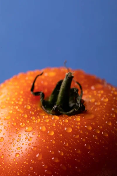 Tiro Close Recortado Tomate Vermelho Fresco Com Gotas Água Contra — Fotografia de Stock