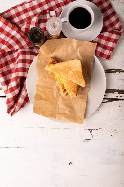 Directly View Cheese Sandwich Black Coffee Bottles Checked Napkin Table — Stock Photo, Image