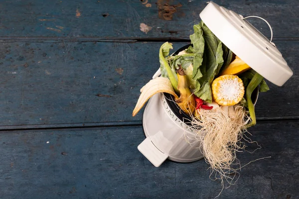 High Angle View Organic Waste Compost Bin Wooden Table Unaltered — Stock Photo, Image