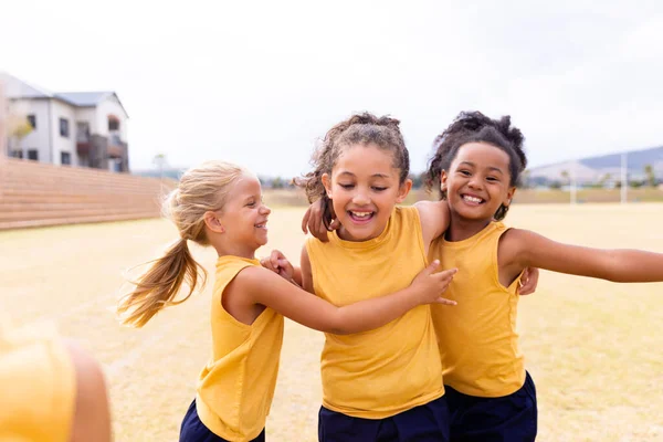 Cheerful Multiracial Elementary School Girls Sports Uniform Ground Soccer Practice — Stock Photo, Image