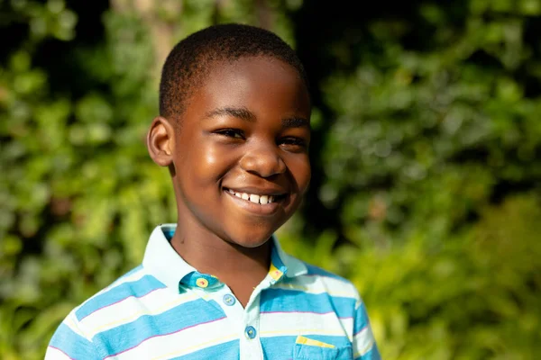 Portrait Cute Happy African American Boy Standing Plants Outdoors Unaltered — Stock Photo, Image