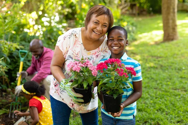 Portret Van Een Gelukkige Afro Amerikaanse Jongen Grootmoeder Met Potplanten — Stockfoto
