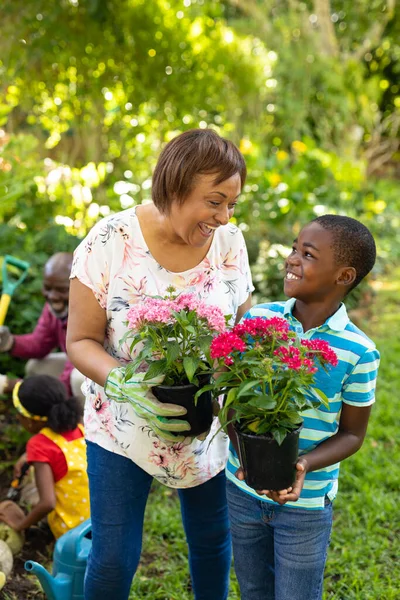 Joyeux Garçon Afro Américain Grand Mère Portant Des Plantes Fleurs — Photo