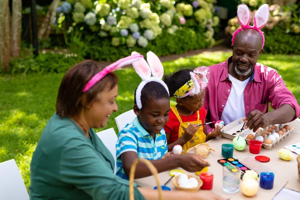 Happy African American Siblings Grandparents Bunny Ears Painting Eggs Easter — Stock Photo, Image