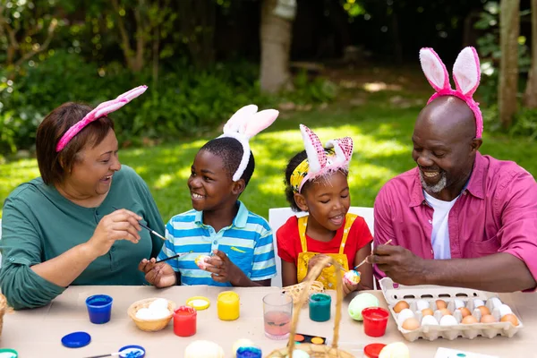 Happy African American Siblings Grandparents Bunny Ears Painting Easter Eggs — Stock Photo, Image