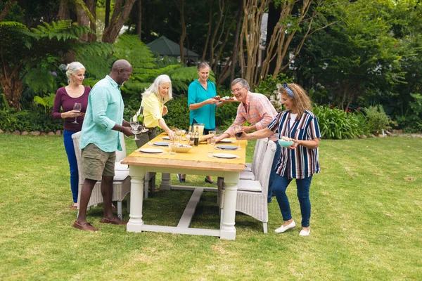 Multiraciale Oudere Mannelijke Vrouwelijke Vrienden Regelen Eten Tafel Achtertuin Ongewijzigd — Stockfoto