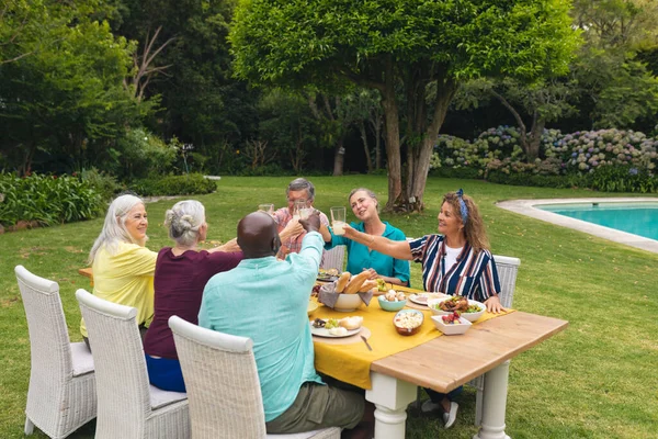 Amigos Masculinos Femeninos Mayores Multirraciales Brindando Por Vino Mesa Durante — Foto de Stock