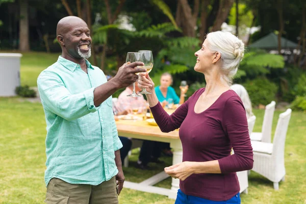 裏庭のパーティーで友人がバックグラウンドでワインを試飲しながら 幸せな多人種のシニア友人 変わらないライフスタイルレジャー団結友情退職裏庭のパーティー — ストック写真
