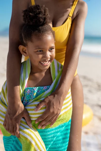 Cheerful African American Girl Wrapped Towel Midsection Mother Beach Unaltered — Stock Photo, Image