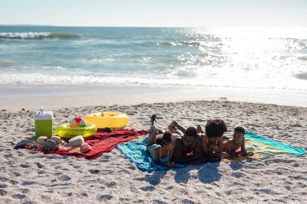 Happy African American Family Lying Together Beach Enjoying Summer Holiday — Stock Photo, Image