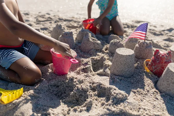 Midsection African American Brother Sister Making Sand Castle Together Beach — Stock Photo, Image