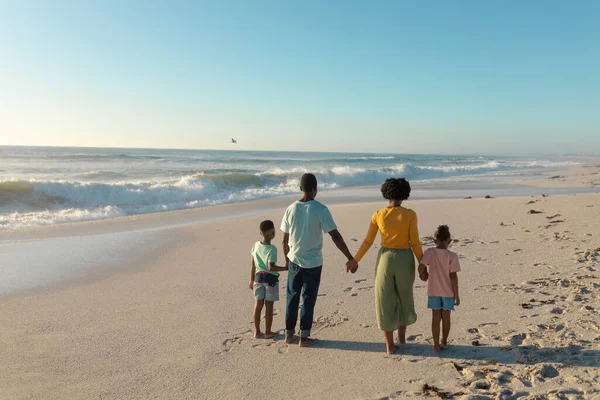 晴れた日にビーチに立っている間に手を取り合っているアフリカ系アメリカ人の家族の完全な長さのリアビュー 変わることのない家族生活一緒に楽しむ休日の概念 — ストック写真