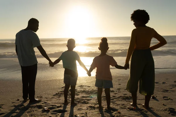 非洲裔美国人手牵着手从海滩上看日落的后视镜 不变的家庭 生活方式 享乐及假日概念 — 图库照片