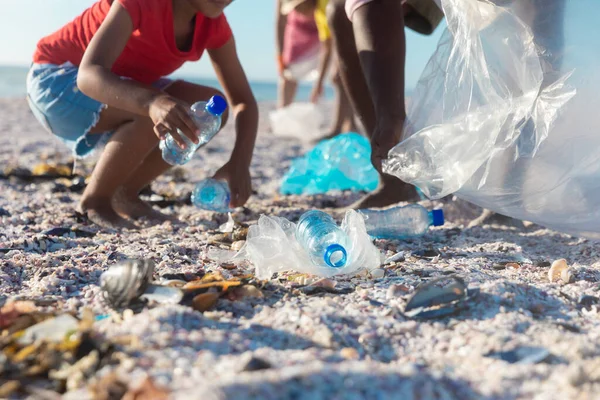 Низька Частина Афроамериканських Онуків Збирає Пластикові Відходи Бабусею Дідусем Пляжі — стокове фото