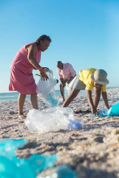 African american grandparents and grandchildren picking up plastic waste at beach with copy space. unaltered, family, togetherness, responsibility and environmental issues concept.