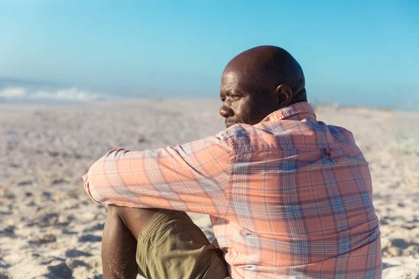 Rear View Retired African American Senior Man Looking Away While — Stock Photo, Image