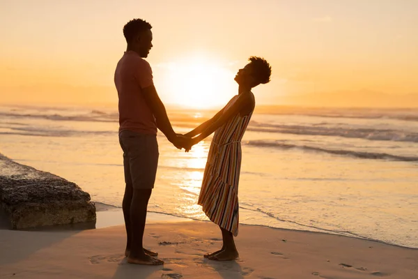 Side View African American Young Couple Holding Hands Standing Beach — Stockfoto