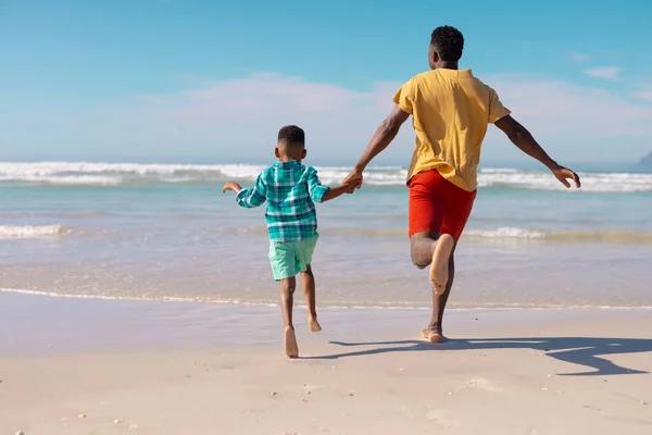 Rear View Playful African American Young Man Running Son Beach — Stockfoto