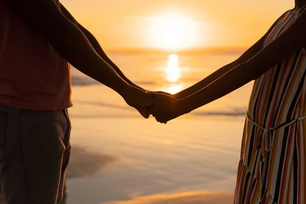 Midsection African American Young Couple Holding Hands Standing Sea Sky — ストック写真