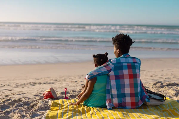 Rear View African American Young Woman Daughter Looking Sea While — Foto Stock