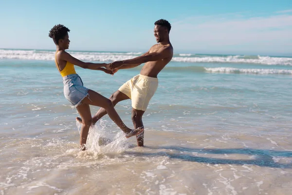 Happy African American Young Couple Holding Hands Dancing Sea Sky — Stock Photo, Image