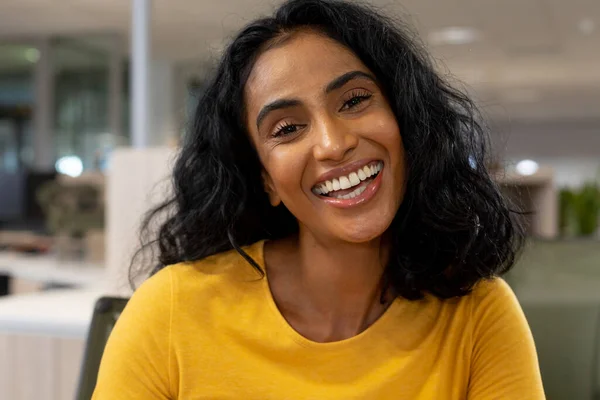 Portrait Happy Young Multiracial Businesswoman Black Hair Working Office Unaltered — Stock Photo, Image