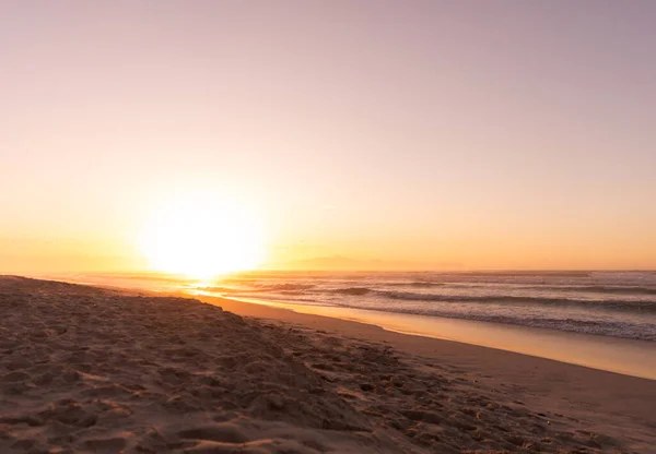 Scenic View Sandy Beach Waves Sea Clear Sky Sunset Copy — Stock Fotó